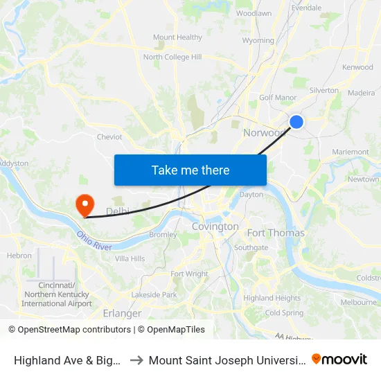 Highland Ave & Biggs to Mount Saint Joseph University map