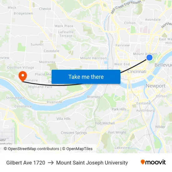 Gilbert Ave 1720 to Mount Saint Joseph University map