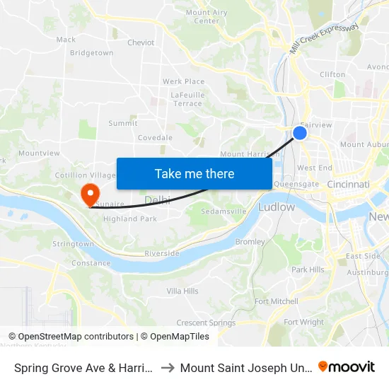 Spring Grove Ave & Harrison Ave to Mount Saint Joseph University map