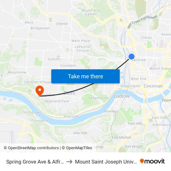 Spring Grove Ave & Alfred St to Mount Saint Joseph University map
