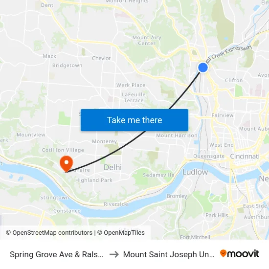 Spring Grove Ave & Ralston Ave to Mount Saint Joseph University map