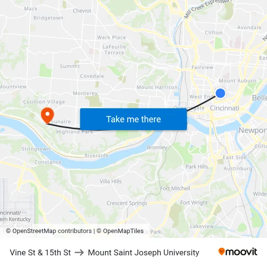Vine St & 15th St to Mount Saint Joseph University map