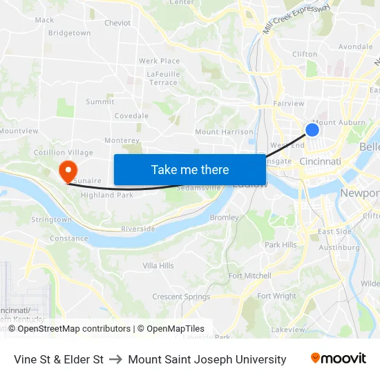 Vine St & Elder St to Mount Saint Joseph University map