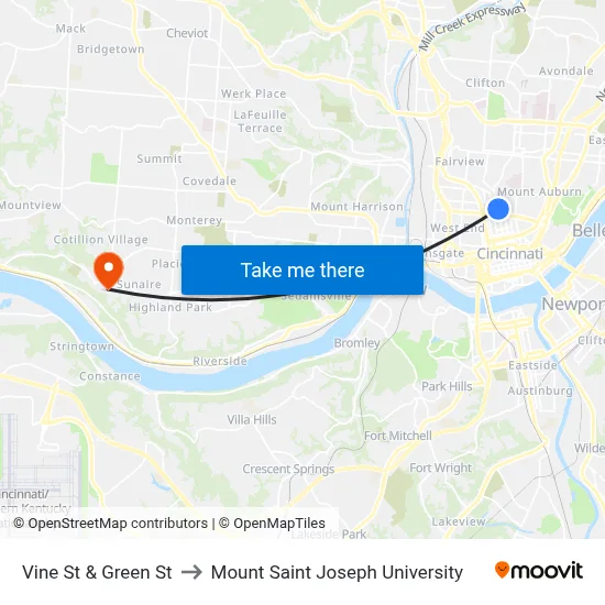 Vine St & Green St to Mount Saint Joseph University map