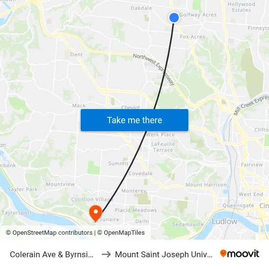 Colerain Ave & Byrnside Dr to Mount Saint Joseph University map