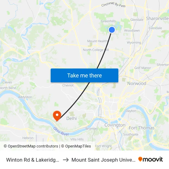 Winton Rd & Lakeridge Rd to Mount Saint Joseph University map