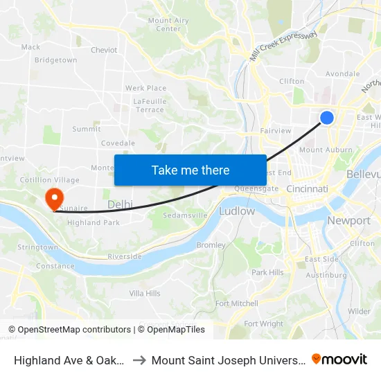 Highland Ave & Oak St to Mount Saint Joseph University map