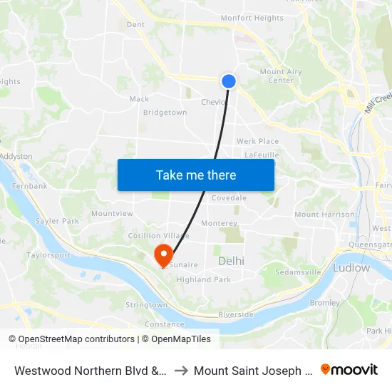 Westwood Northern Blvd & North Bend to Mount Saint Joseph University map