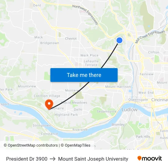 President Dr 3900 to Mount Saint Joseph University map