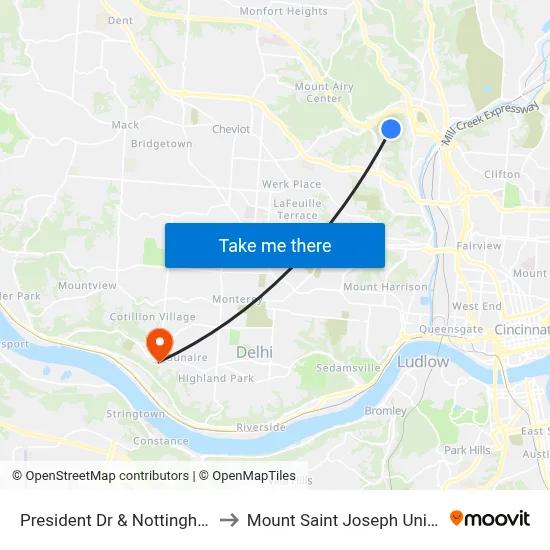 President Dr & Nottingham Rd to Mount Saint Joseph University map
