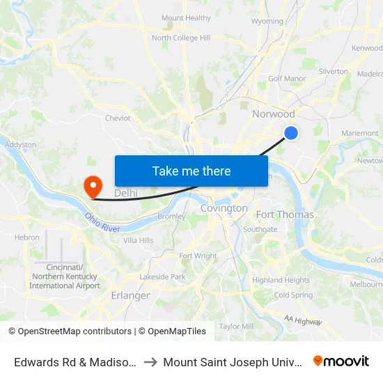 Edwards Rd & Madison Rd to Mount Saint Joseph University map