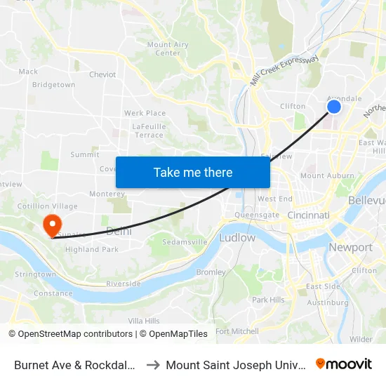 Burnet Ave & Rockdale Ave to Mount Saint Joseph University map