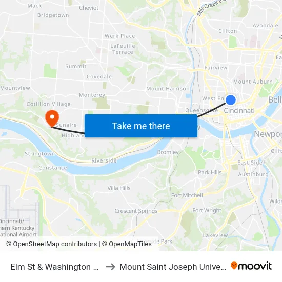 Elm St & Washington Park to Mount Saint Joseph University map