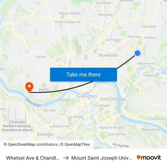 Whetsel Ave & Chandler St to Mount Saint Joseph University map
