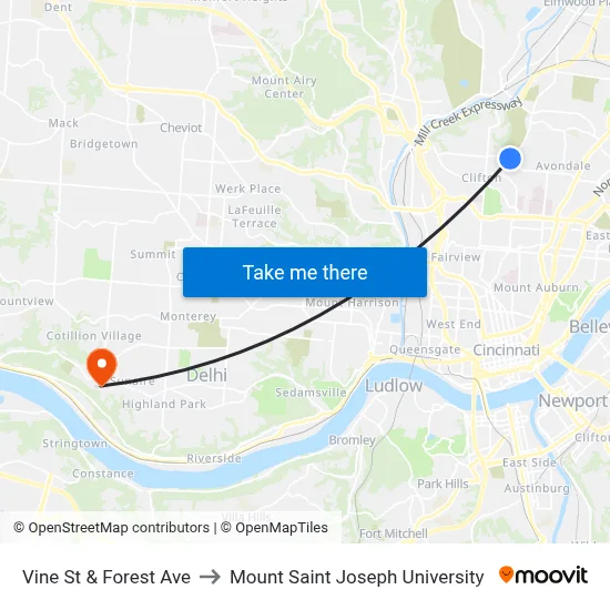 Vine St & Forest Ave to Mount Saint Joseph University map