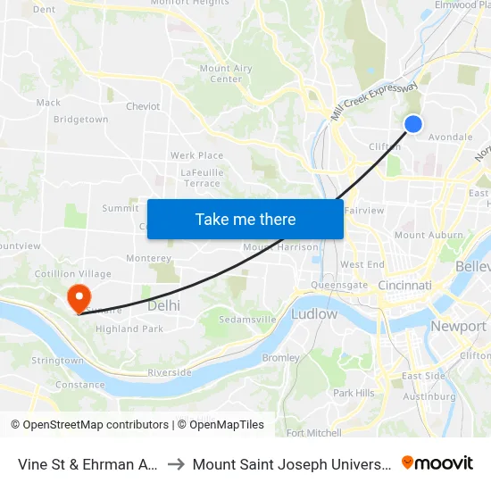 Vine St & Ehrman Ave to Mount Saint Joseph University map