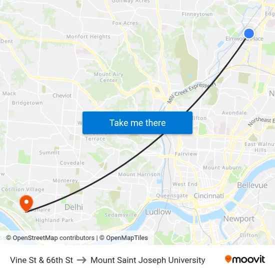 Vine St & 66th St to Mount Saint Joseph University map