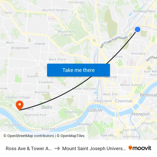 Ross Ave & Tower Ave to Mount Saint Joseph University map
