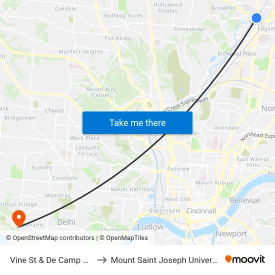 Vine St & De Camp Ave to Mount Saint Joseph University map