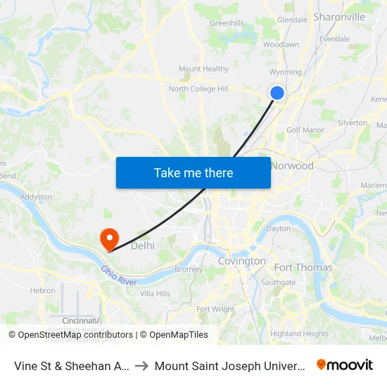 Vine St & Sheehan Ave to Mount Saint Joseph University map