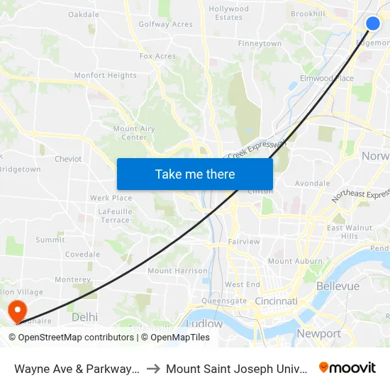 Wayne Ave & Parkway Ave to Mount Saint Joseph University map