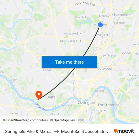 Springfield Pike & Marion Rd to Mount Saint Joseph University map