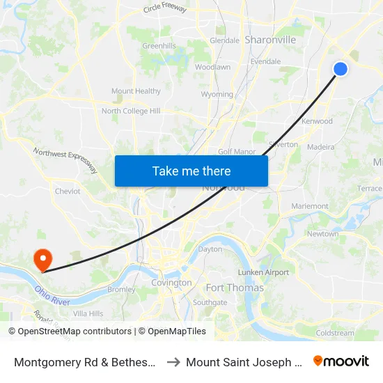 Montgomery Rd & Bethesda Hospital to Mount Saint Joseph University map