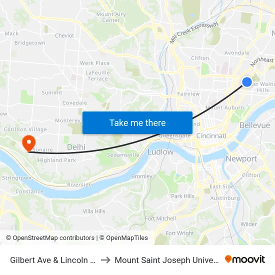 Gilbert Ave & Lincoln Ave to Mount Saint Joseph University map