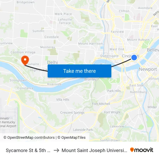 Sycamore St & 5th St to Mount Saint Joseph University map