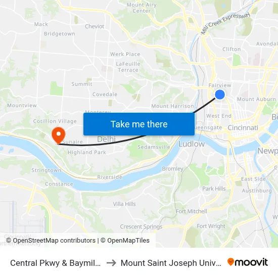 Central Pkwy & Baymiller St to Mount Saint Joseph University map