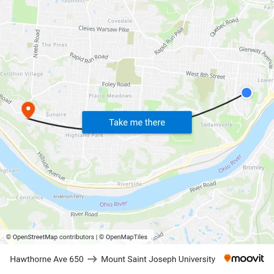 Hawthorne Ave 650 to Mount Saint Joseph University map