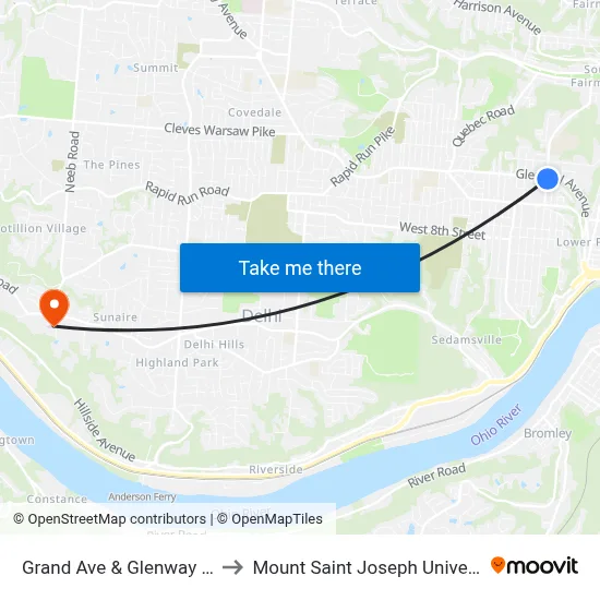 Grand Ave & Glenway Ave to Mount Saint Joseph University map