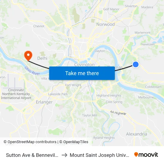 Sutton Ave & Benneville St to Mount Saint Joseph University map