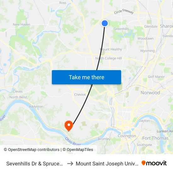 Sevenhills Dr & Sprucehill Dr to Mount Saint Joseph University map