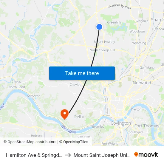 Hamilton Ave & Springdale Rd to Mount Saint Joseph University map