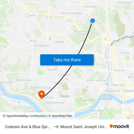 Colerain Ave & Blue Spruce Rd to Mount Saint Joseph University map