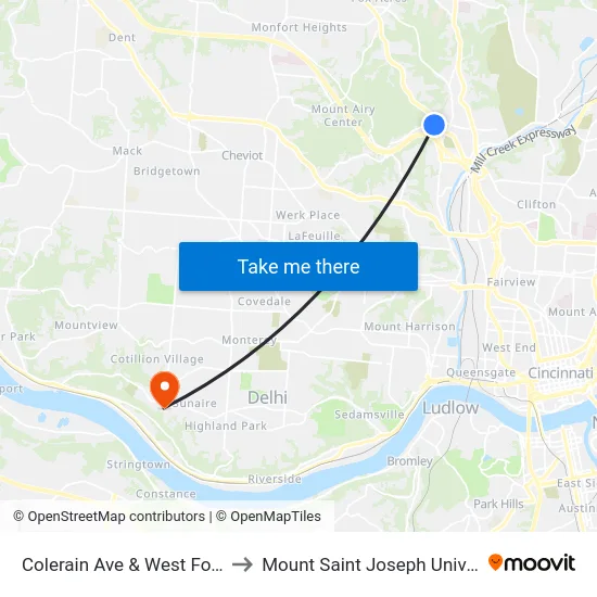 Colerain Ave & West Fork Rd to Mount Saint Joseph University map