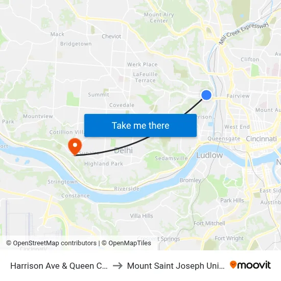 Harrison Ave & Queen City Ave to Mount Saint Joseph University map