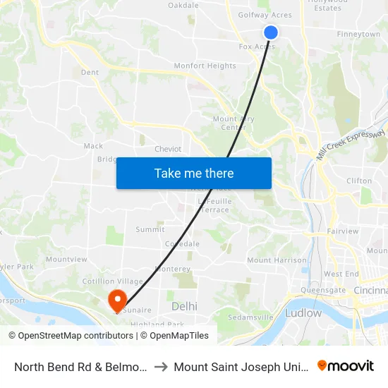 North Bend Rd & Belmont Ave to Mount Saint Joseph University map