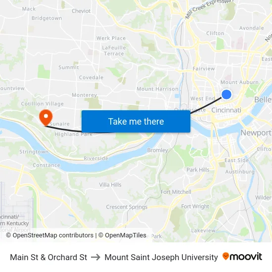 Main St & Orchard St to Mount Saint Joseph University map