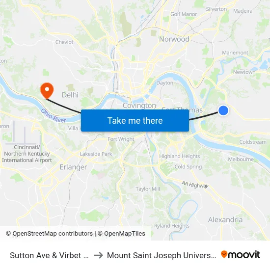 Sutton Ave & Virbet Dr to Mount Saint Joseph University map