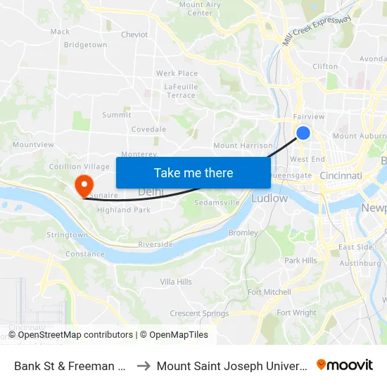 Bank St & Freeman Ave to Mount Saint Joseph University map