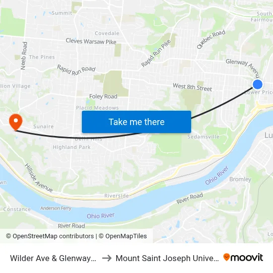 Wilder Ave & Glenway Ave to Mount Saint Joseph University map