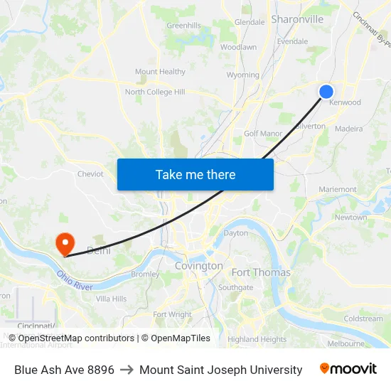Blue Ash Ave 8896 to Mount Saint Joseph University map