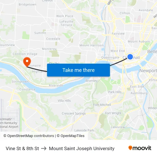 Vine St & 8th St to Mount Saint Joseph University map