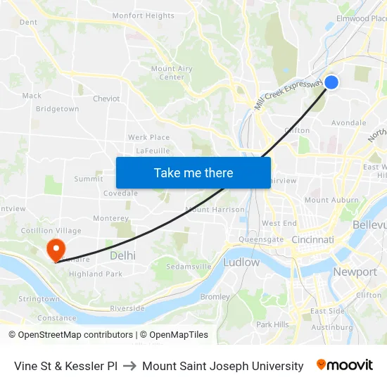 Vine St & Kessler Pl to Mount Saint Joseph University map