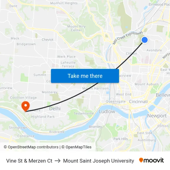 Vine St & Merzen Ct to Mount Saint Joseph University map