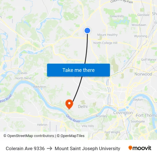 Colerain Ave 9336 to Mount Saint Joseph University map