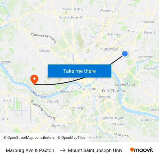 Marburg Ave & Paxton Ave to Mount Saint Joseph University map