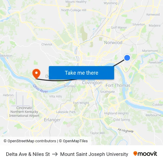 Delta Ave & Niles St to Mount Saint Joseph University map